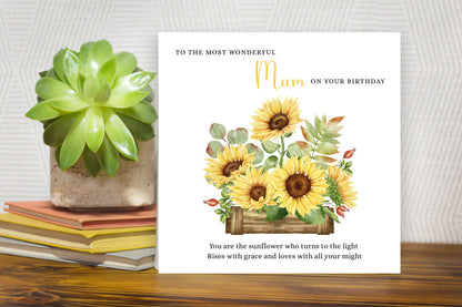 Sunflower Floral Birthday Card – Watercolour Flowers for Mum or Mother - Yellow Envelope Included