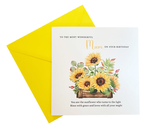 Sunflower Floral Birthday Card – Watercolour Flowers for Mum or Mother - Yellow Envelope Included