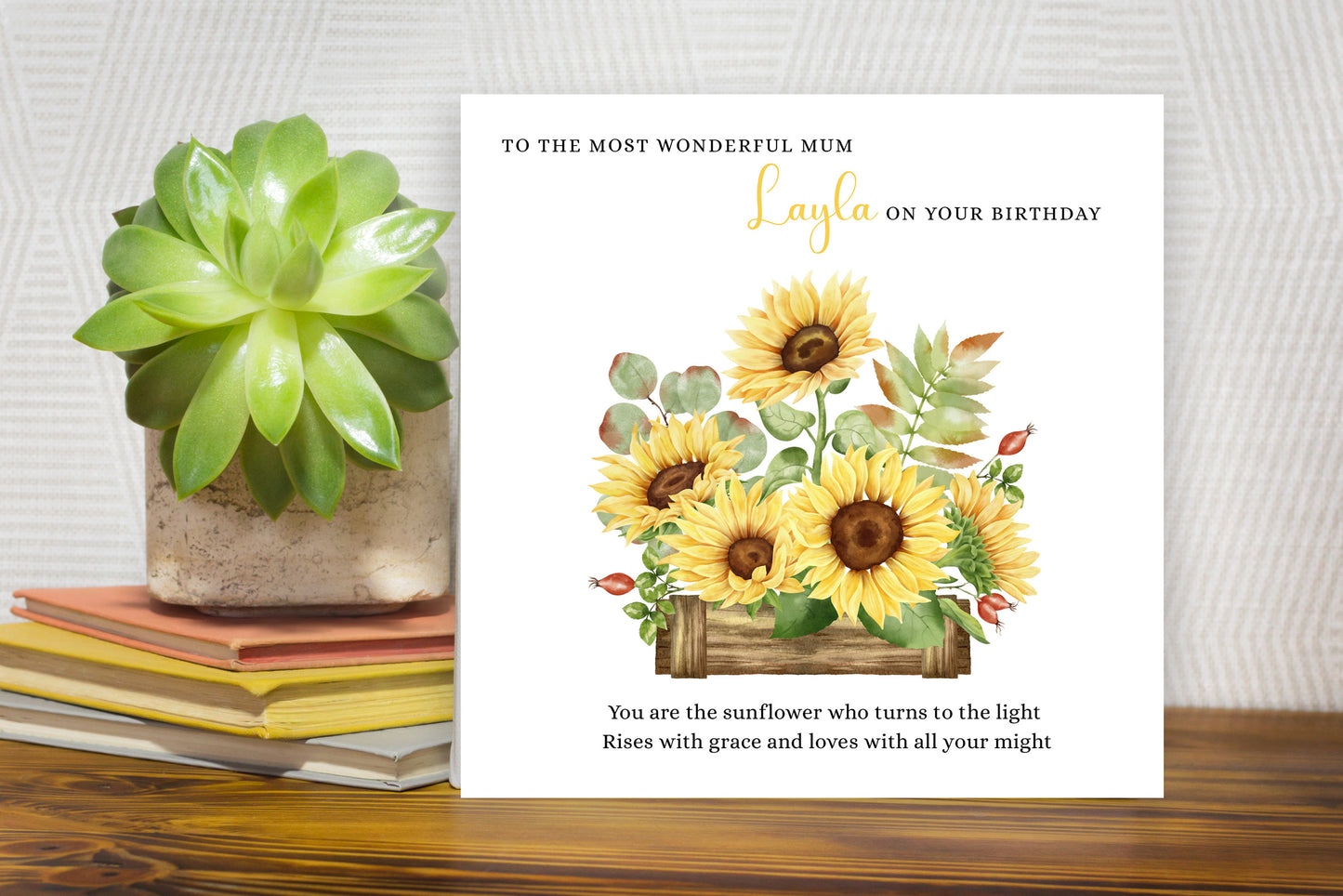 Personalised Mum Birthday Card – Elegant Sunflower Flower Design – Custom Name & Message – Handmade Floral Watercolour Card for Mother, Mummy, Mam – Yellow Envelope Included