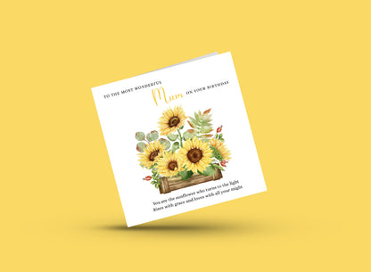 Sunflower Floral Birthday Card – Watercolour Flowers for Mum or Mother - Yellow Envelope Included