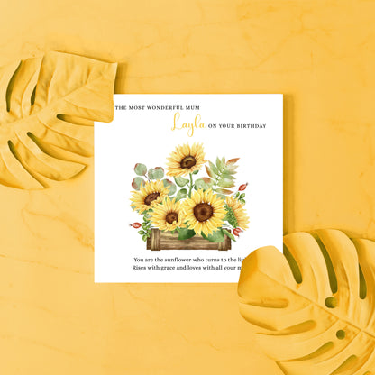 Personalised Mum Birthday Card – Elegant Sunflower Flower Design – Custom Name & Message – Handmade Floral Watercolour Card for Mother, Mummy, Mam – Yellow Envelope Included