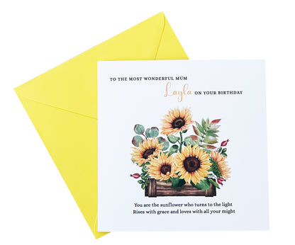Personalised Mum Birthday Card – Elegant Sunflower Flower Design – Custom Name & Message – Handmade Floral Watercolour Card for Mother, Mummy, Mam – Yellow Envelope Included