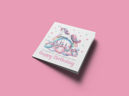 Magical Birthday Card for 6 Years Old 6th Birthday Girls – Sweet Unicorn and Rainbow Design - Age 6 Birthday Card for Kids Children Daughter Granddaughter Niece - Pink Envelope Included