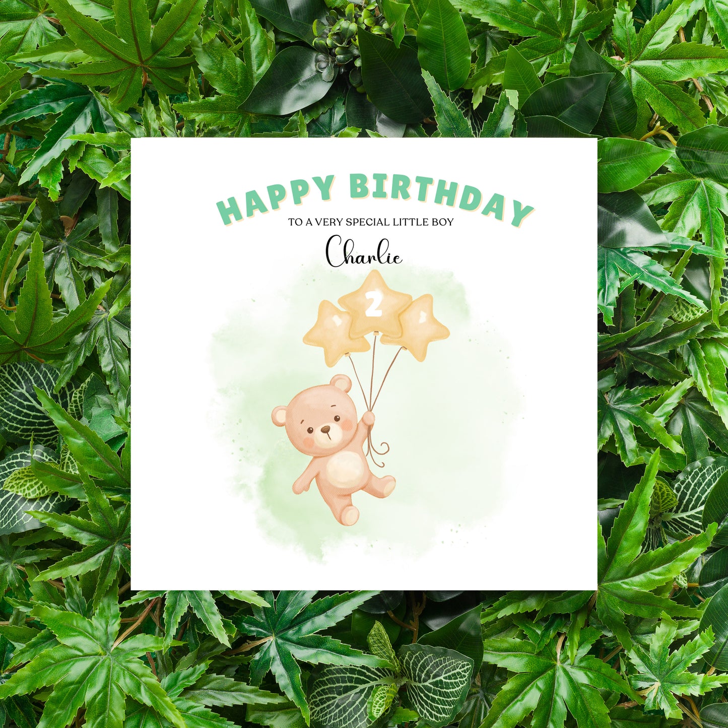 Bear with Star Balloons-Personalised Birthday Folded Card for Boys, Custom Name, Age and Message, Watercolour Effect Happy Birthday Card, Any Age Birthday, 1st 2nd 3rd 4th 5th 6th 7th 8th 9th 10th, Customisable Birthday Card for Children