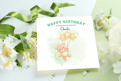 Bear with Star Balloons-Personalised Birthday Folded Card for Boys, Custom Name, Age and Message, Watercolour Effect Happy Birthday Card, Any Age Birthday, 1st 2nd 3rd 4th 5th 6th 7th 8th 9th 10th, Customisable Birthday Card for Children