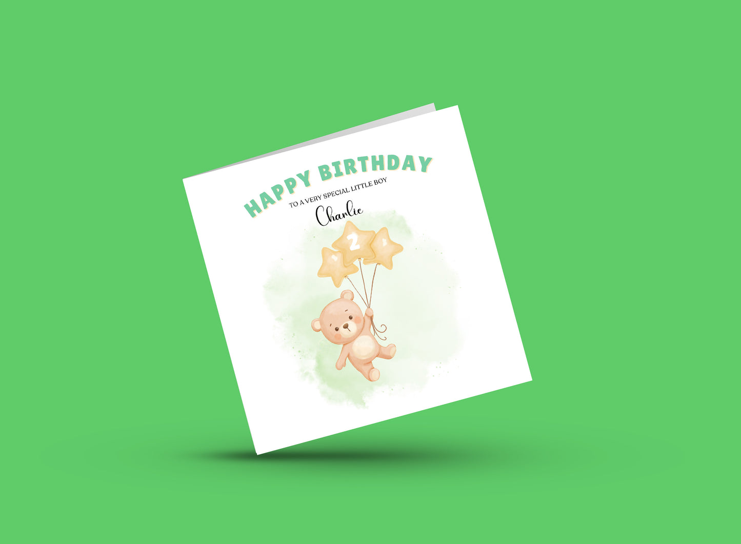 Bear with Star Balloons-Personalised Birthday Folded Card for Boys, Custom Name, Age and Message, Watercolour Effect Happy Birthday Card, Any Age Birthday, 1st 2nd 3rd 4th 5th 6th 7th 8th 9th 10th, Customisable Birthday Card for Children