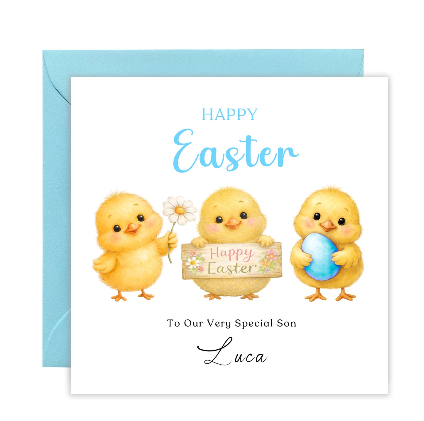 Personalised Happy Easter Card for Boys with Custom Name and Message - Cute Baby Chick Design for Son, Grandson, Nephew, Kids, Boy, Baby boy, Little One – Blue Envelope Included