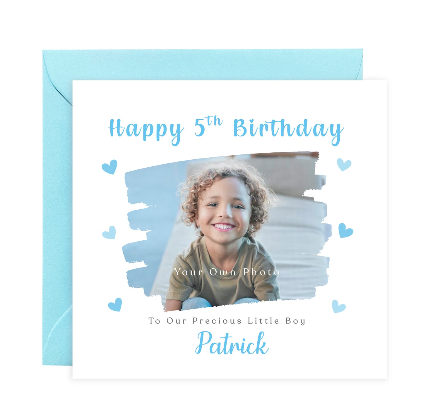 Personalised Photo 5th Birthday Card for Boys – Brush Stroke Frame with Custom Photo, Name & Message, Age 5 Years Old Fifth Birthday Card for Kids, Son, Grandson, Nephew –  Blue Envelope Included