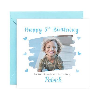 Personalised Photo 5th Birthday Card for Boys – Brush Stroke Frame with Custom Photo, Name & Message, Age 5 Years Old Fifth Birthday Card for Kids, Son, Grandson, Nephew –  Blue Envelope Included