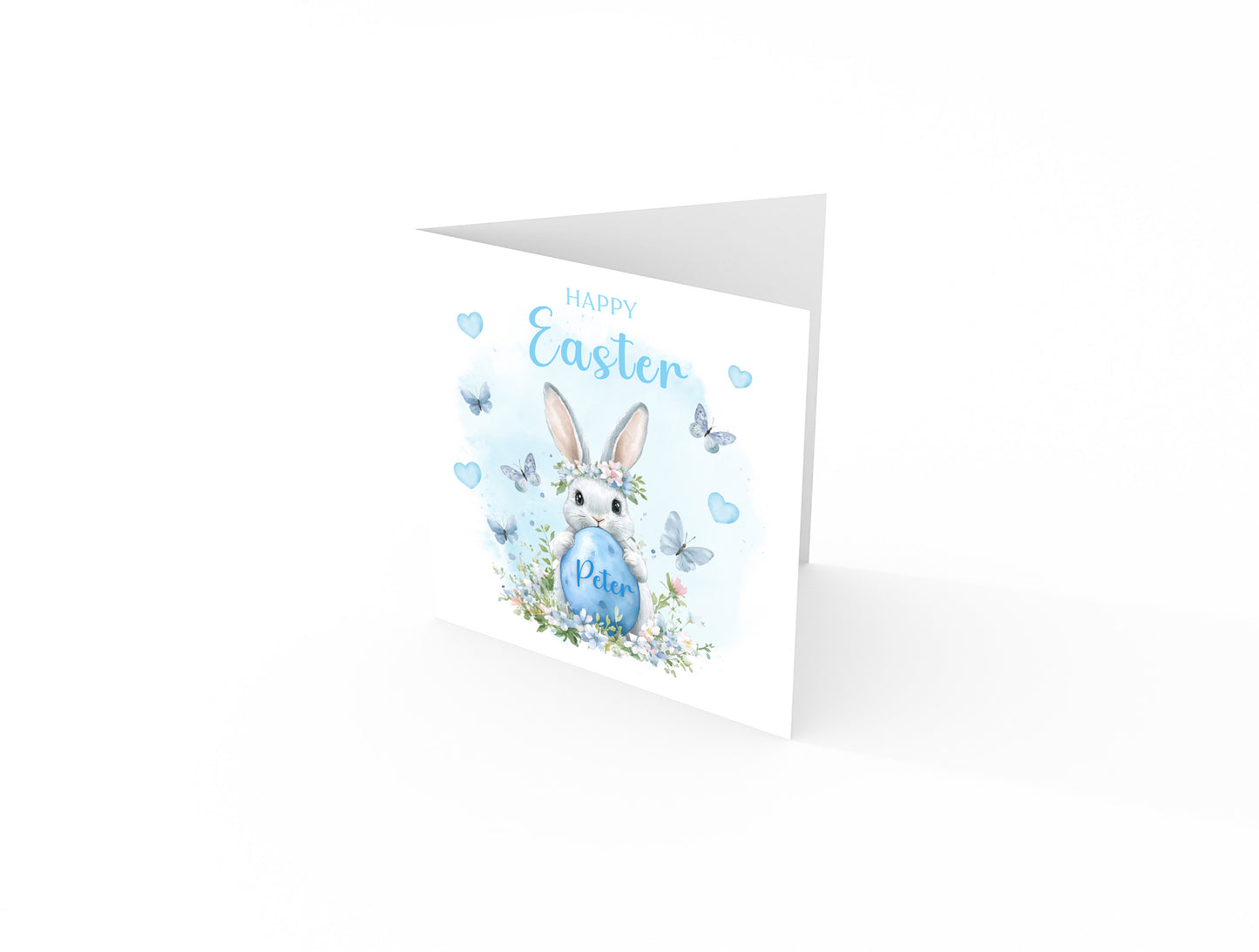Personalised Happy Easter Bunny Card for Boys with Custom Name - Easter Rabbit and Egg Design for Son, Grandson, Nephew, Kids, Boy, Baby boy, Little One – Blue Envelope Included
