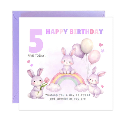 Purple Bunny 5 Years Old 5th Birthday Card for Girls – Lilac Rabbit Design with Sweet Message - Age 5 Girl, Kids,Children, Daughter, Granddaughter, Niece - Purple Envelope Included