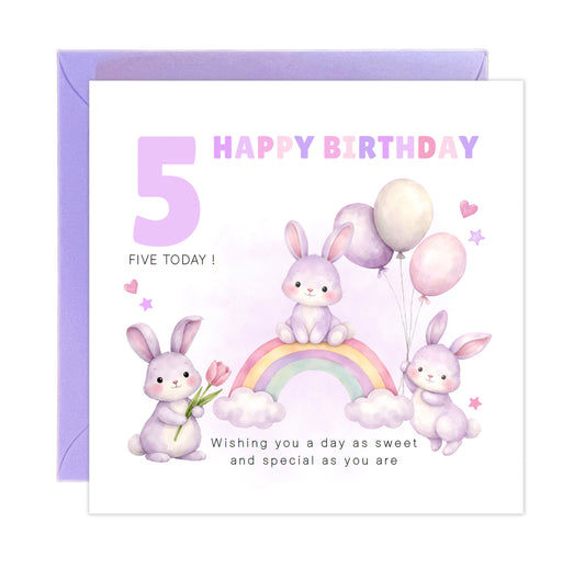 Purple Bunny 5 Years Old 5th Birthday Card for Girls – Lilac Rabbit Design with Sweet Message - Age 5 Girl, Kids,Children, Daughter, Granddaughter, Niece - Purple Envelope Included