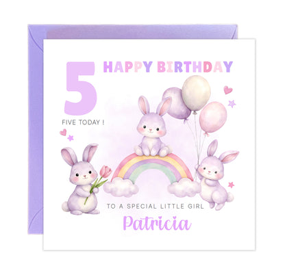 Personalised Bunny 5 Years Old 5th Birthday Card for Girls – Purple Rabbit Design with Custom Name & Message - Age 5 Girl, Kids,Children, Daughter, Granddaughter, Niece - Purple Envelope Includeder Niece - Pink Envelope Included