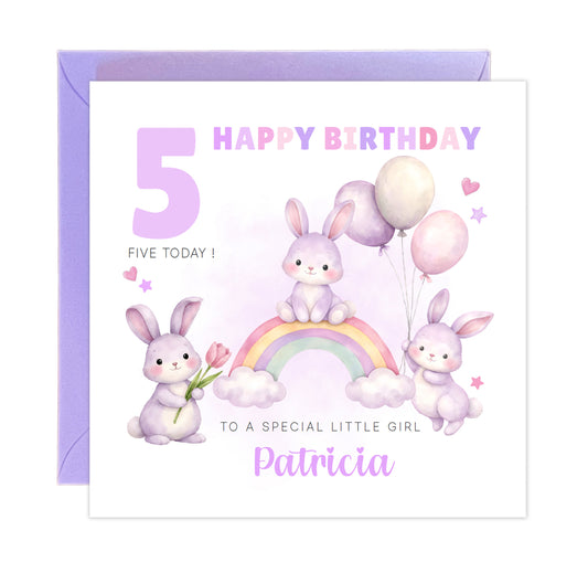 Personalised Bunny 5 Years Old 5th Birthday Card for Girls – Purple Rabbit Design with Custom Name & Message - Age 5 Girl, Kids,Children, Daughter, Granddaughter, Niece - Purple Envelope Includeder Niece - Pink Envelope Included