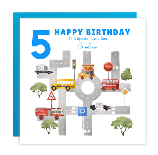 Personalised 5th Birthday Card for Boys – Cars, Transport Theme with Custom Name and Message, Age 5 Years Old Birthday Card for Kids, Children, Boy, Son, Grandson, Nephew – Blue Envelope Included