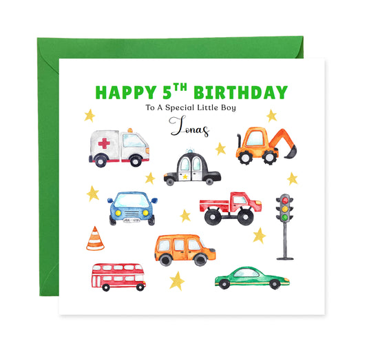 Personalised 5th Birthday Card for Boys - Vehicles and Transport Birthday Card with Custom Name and Message for Age 5 Years Old Kids, Children, Boy, Son, Grandson, Nephew – Green Envelope Included