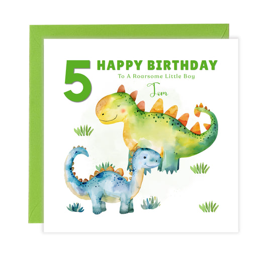Personalised 5th Birthday Card for Boys – Dinosaur Design with Custom Name & Message for Age 5 Years Old, Fifth Birthday Kids, Son, Grandson, Nephew –  Green Envelope Included