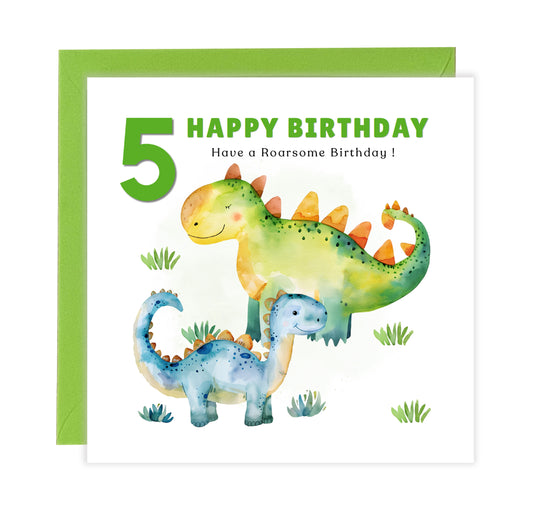 Dinosaur 5th Birthday Card for Boys – Roarsome Dinosaur Birthday Card for Age 5 Years Old, Fifth Birthday Kids, Son, Grandson, Nephew –  Green Envelope Included