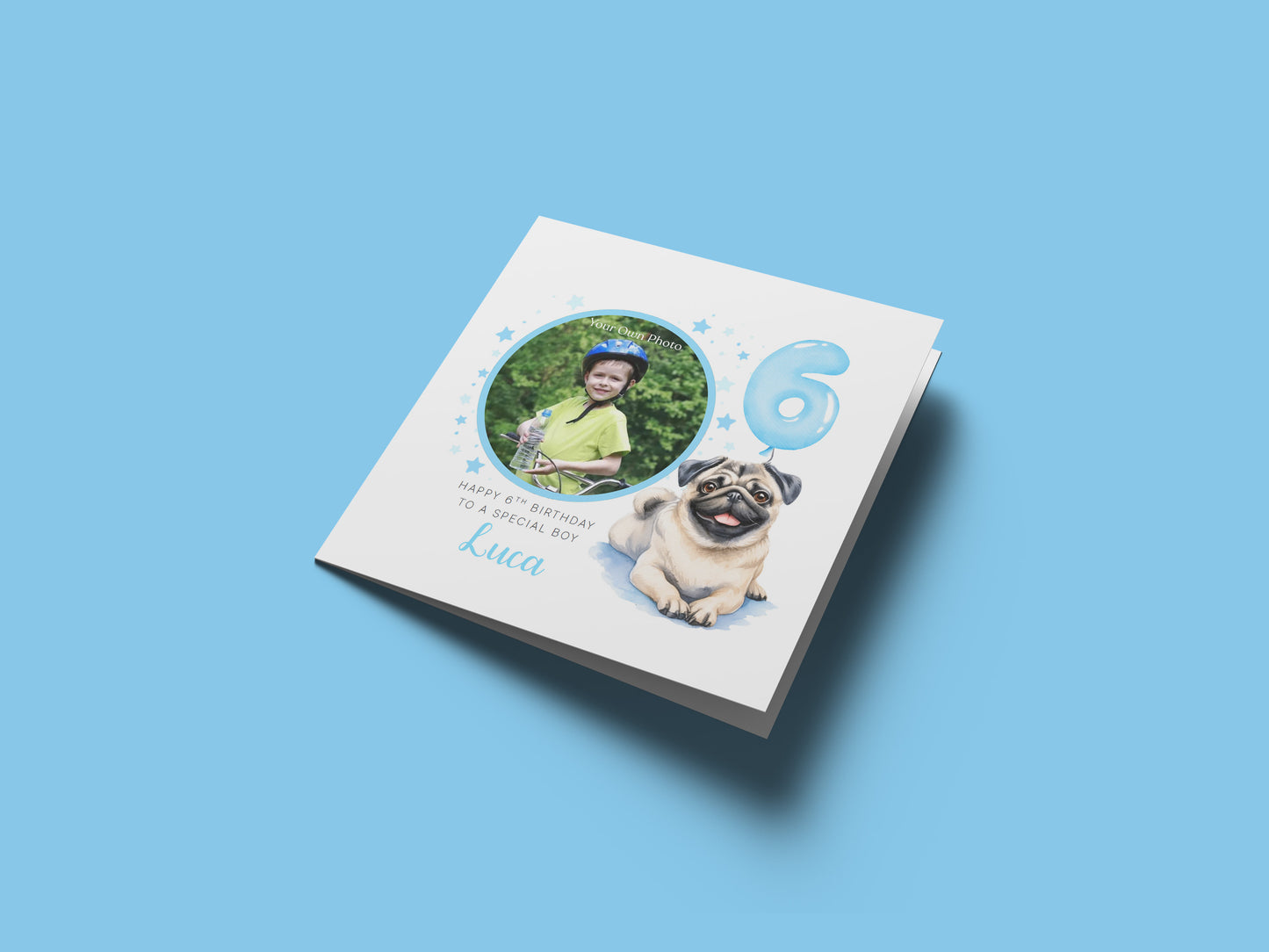 Personalised Photo 6th Birthday Card for Boys – Pug Dog Design with Custom Name and Message, Age 6 Years Old Birthday Card for Dog Lover, Kids, Boy, Son, Grandson, Nephew – Blue Envelope Included