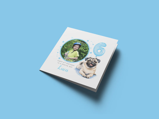 Personalised Photo 6th Birthday Card for Boys – Pug Dog Design with Custom Name and Message, Age 6 Years Old Birthday Card for Dog Lover, Kids, Boy, Son, Grandson, Nephew – Blue Envelope Included