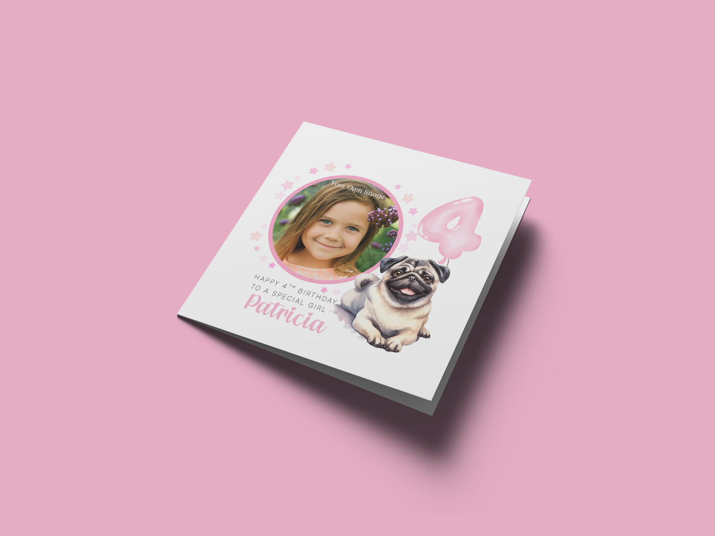 Personalised Photo 4 Years Old 4th Birthday Card for Girls – Pug Dog Design with Custom Name & Message - Age 4 Magical Birthday Card for Dog Lover, Kids Daughter Granddaughter Niece with Pink Envelope