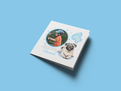 Personalised Photo 4 Years Old 4th Birthday Card for Boys – Pug Dog Design with Custom Name & Message - Age 4 Birthday Card for Boy, Dog Lover, Kids, Son, Grandson Nephew with Blue Envelope