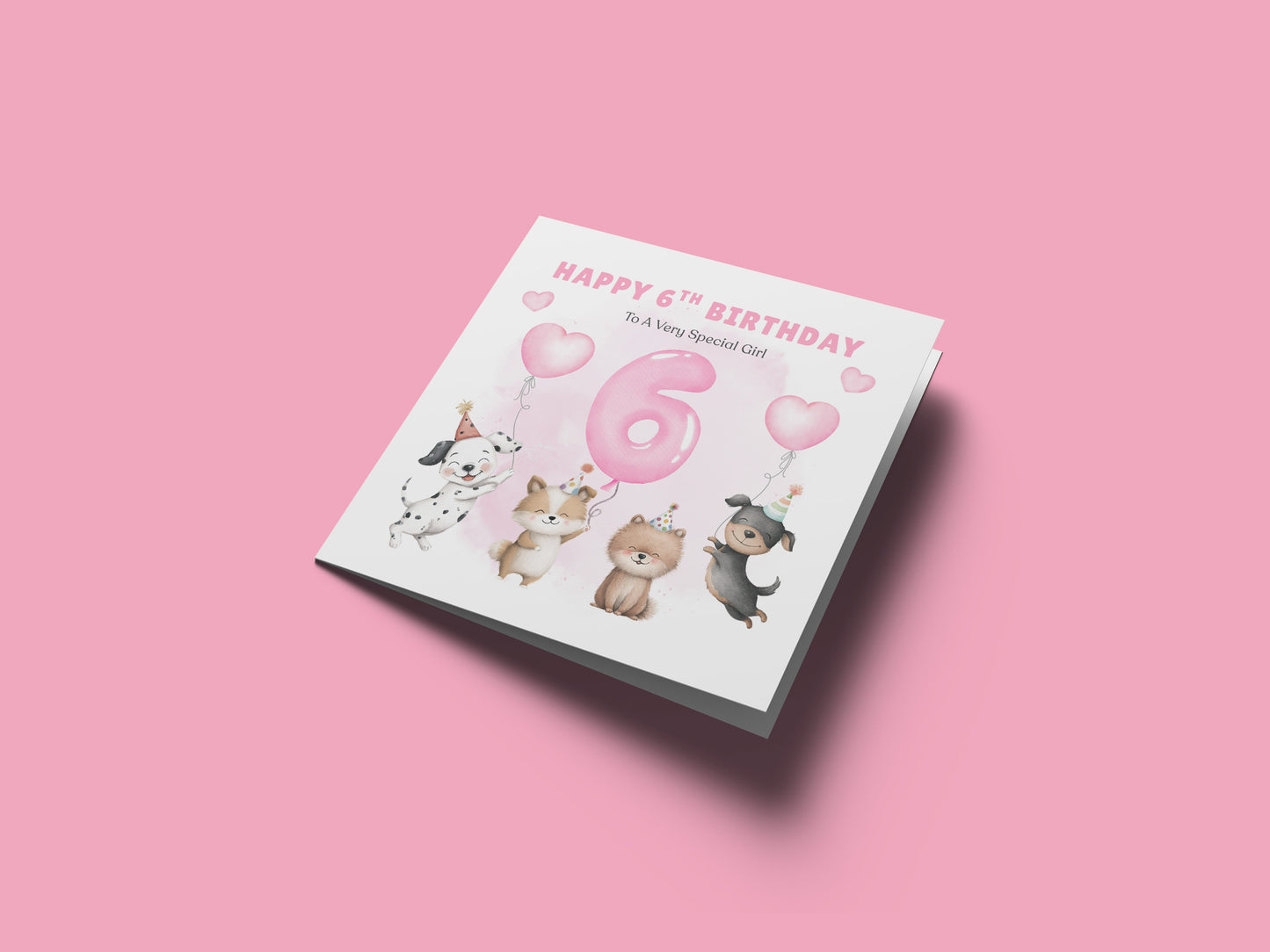 Sweet 6th Birthday Card for Girls - Cute Puppy Dogs and Balloon Design - Happy Birthday Card for Age 6 Years Old Girls, Kids, Daughter, Granddaughter, Niece – Pink Envelope Included