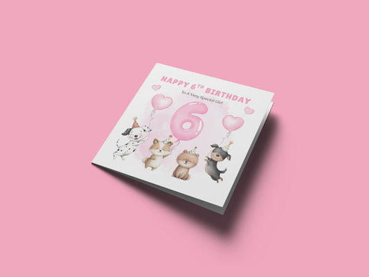 Sweet 6th Birthday Card for Girls - Cute Puppy Dogs and Balloon Design - Happy Birthday Card for Age 6 Years Old Girls, Kids, Daughter, Granddaughter, Niece – Pink Envelope Included