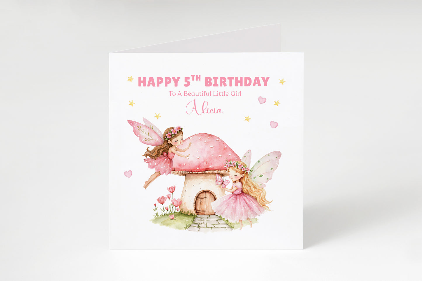 Personalised 5 Years Old 5th Birthday Card for Girls – Magical Fairy Design with Custom Name & Message - Age 5 Birthday Card for Kids Children Daughter Granddaughter Niece - Pink Envelope Included
