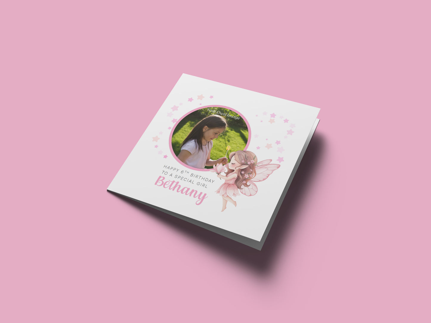 Personalised Photo 6 Years Old 6th Birthday Card for Girls – Fairy Design with Custom Name & Message - Age 6 Birthday Card for Kids Daughter Granddaughter Niece - Pink Envelope Included