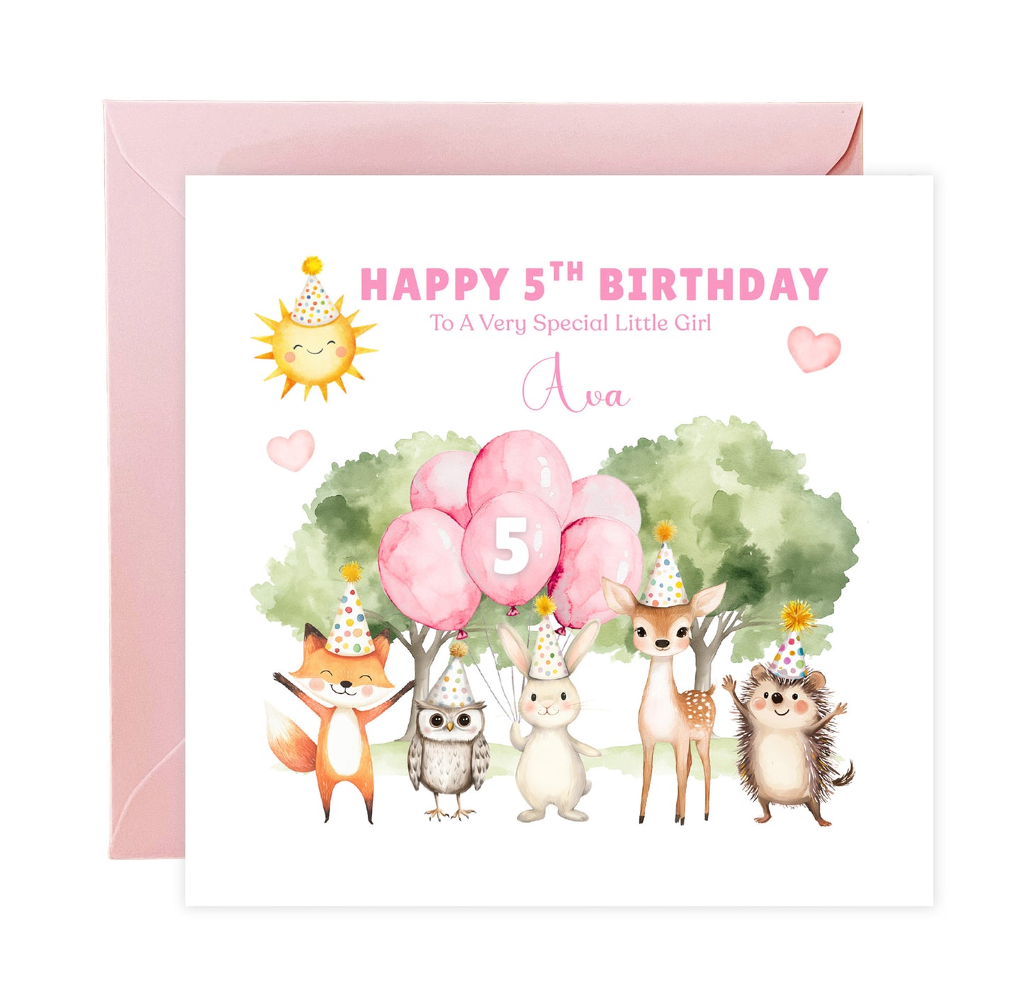 Personalised 5th Birthday Card for Girls – Woodland Animals Design with Custom Name and Message – Age 5 Years Old Birthday Card for Girls, Kids, Daughter, Granddaughter, Niece – Pink Envelope Included