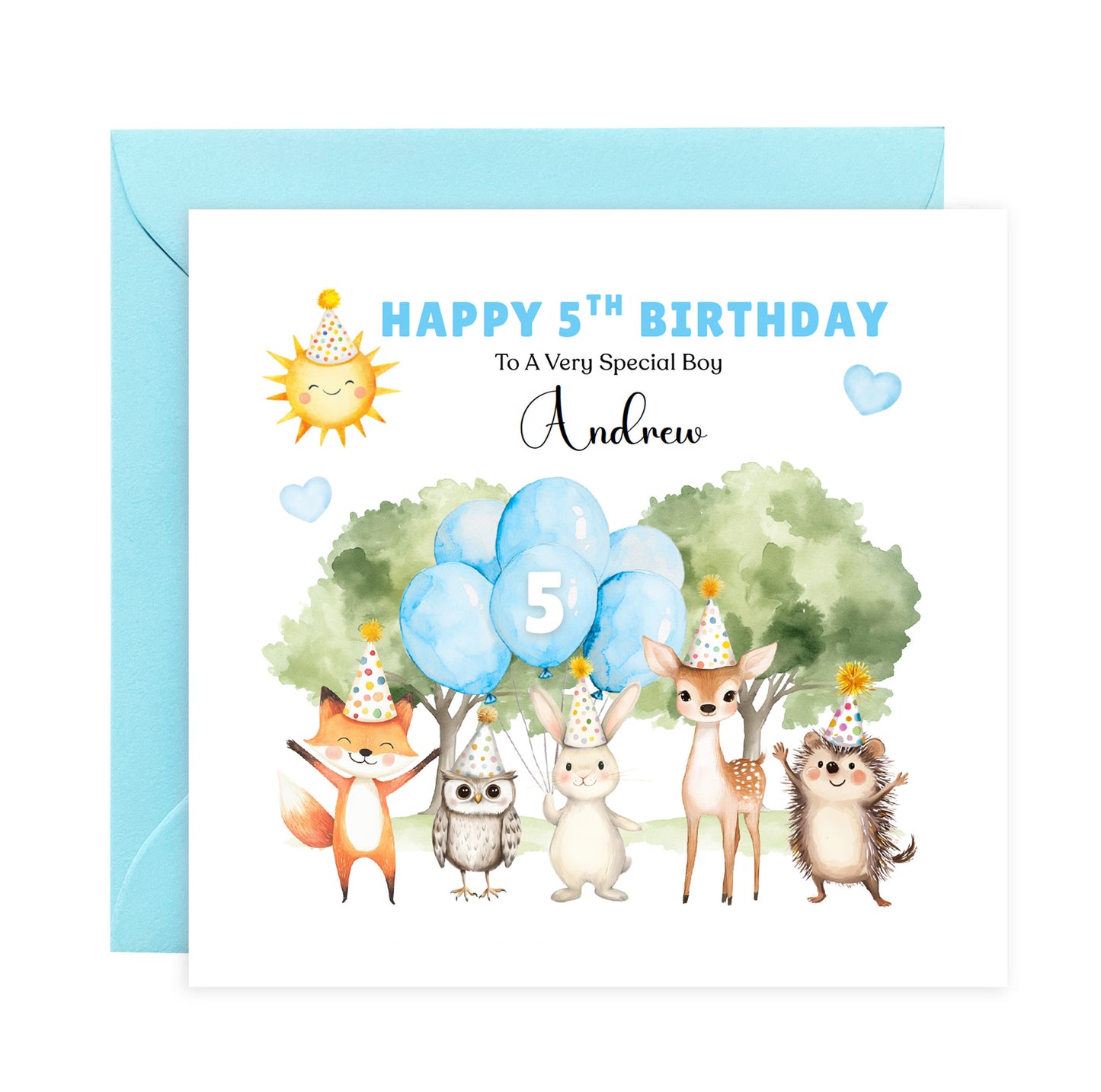 Personalised 5th Birthday Card for Boys – Woodland Animals Design with Custom Name and Message, Age 5 Years Old Birthday Card for Kids, Children, Boy, Son, Grandson, Nephew – Blue Envelope Included