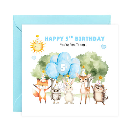 Woodland Animals 5th Birthday Card for Boys – Forest Animals Design Birthday Card for Age 5 Years Old Boy, Kids, Children, Son, Grandson, Nephew – Blue Envelope Included