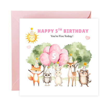 Woodland Animals 5th Birthday Card for Girls – Forest Animals Design Birthday Card for Age 5 Years Old Girl, Kids, Daughter, Granddaughter, Niece – Pink Envelope Included