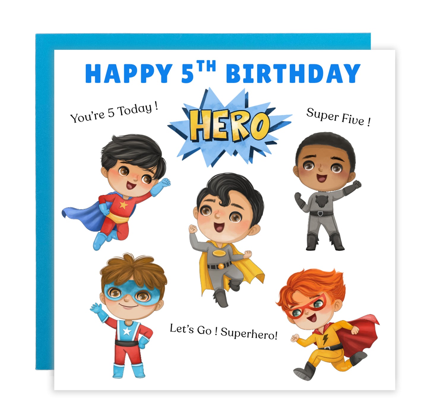 Superhero 5th Birthday Card for Boys – Superhero Characters Design for Age 5 Years Old, Fifth Birthday Kids, Little Birthday Hero, Son, Grandson, Nephew –  Blue Envelope Included
