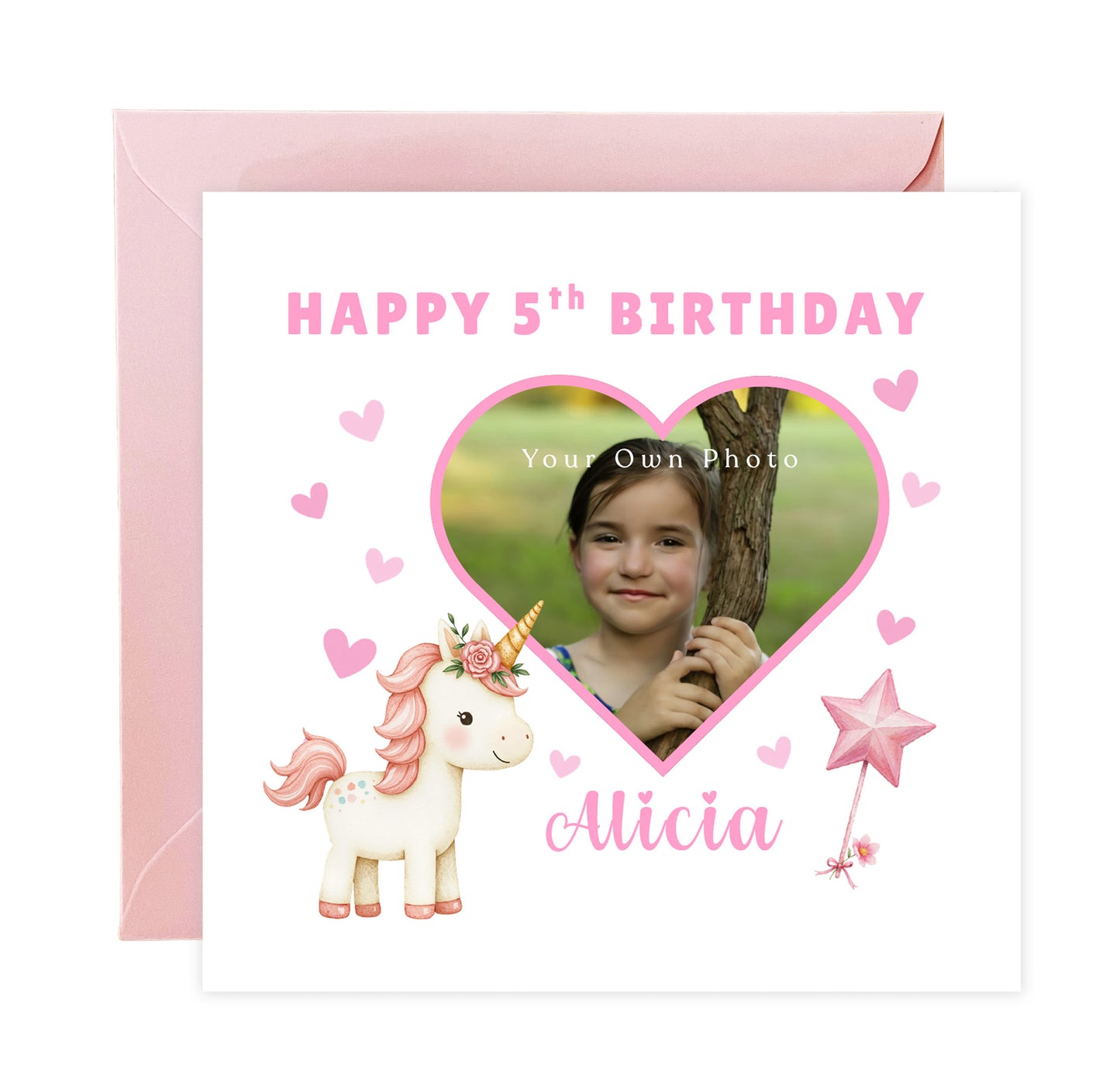 Personalised Photo 5 Years Old 5th Birthday Card for Girls – Unicorn Design, Heart Photo Frame with Custom Photo & Name for Age 5 Years Old Kid, Daughter, Granddaughter, Niece with Pink Envelope