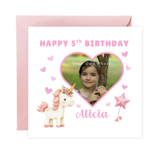 Personalised Photo 5 Years Old 5th Birthday Card for Girls – Unicorn Design, Heart Photo Frame with Custom Photo & Name for Age 5 Years Old Kid, Daughter, Granddaughter, Niece with Pink Envelope