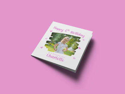 Personalised Photo 6 Years Old 6th Birthday Card for Girls – Brush-stroke Photo Frame with Custom Name & Message - Age 6 Birthday Card for Kids Daughter Granddaughter Niece - Pink Envelope Included