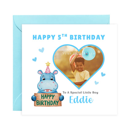 Personalised Photo 5th Birthday Card for Boys – Hippo & Heart Frame with Custom Photo, Name & Message, Age 5 Years Old Fifth Birthday Card for Kids, Son, Grandson, Nephew –  Blue Envelope Included