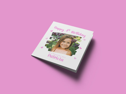 Personalised Photo 4 Years Old 4th Birthday Card for Girls – Brush-Stroke Photo Frame with Custom Name & Message - Age 4 Magical Birthday Card for Kids Daughter Granddaughter Niece with Pink Envelope