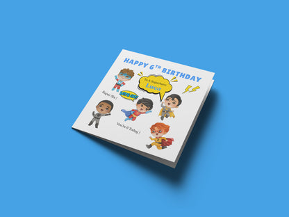 Personalised 6th Birthday Card for Superhero Boys – Superhero Design with Custom Name and Message, Age 6 Years Old Birthday Card for Kids, Children, Boy, Son, Grandson, Nephew– Blue Envelope Included