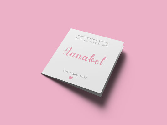 Personalised 6th Birthday Card for Girls – Elegant Minimalist Design with Custom Birthday, Name & Message - Age 6 Years Old Birthday Card for Kids Daughter Granddaughter Niece - Pink Envelope Included