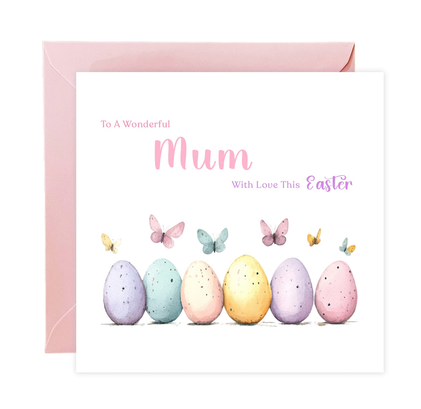Happy Easter Card with Butterfly with Easter Eggs Design for Mum, Auntie or Grandma –  Spring Easter Car for Her and Family - Pink Envelope Included