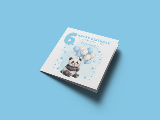 Personalised 6th Birthday Card for Boys – Cute Panda Design with Custom Name and Message, Age 6 Years Old Birthday Card for Kids, Children, Boy, Son, Grandson, Nephew– Blue Envelope Included