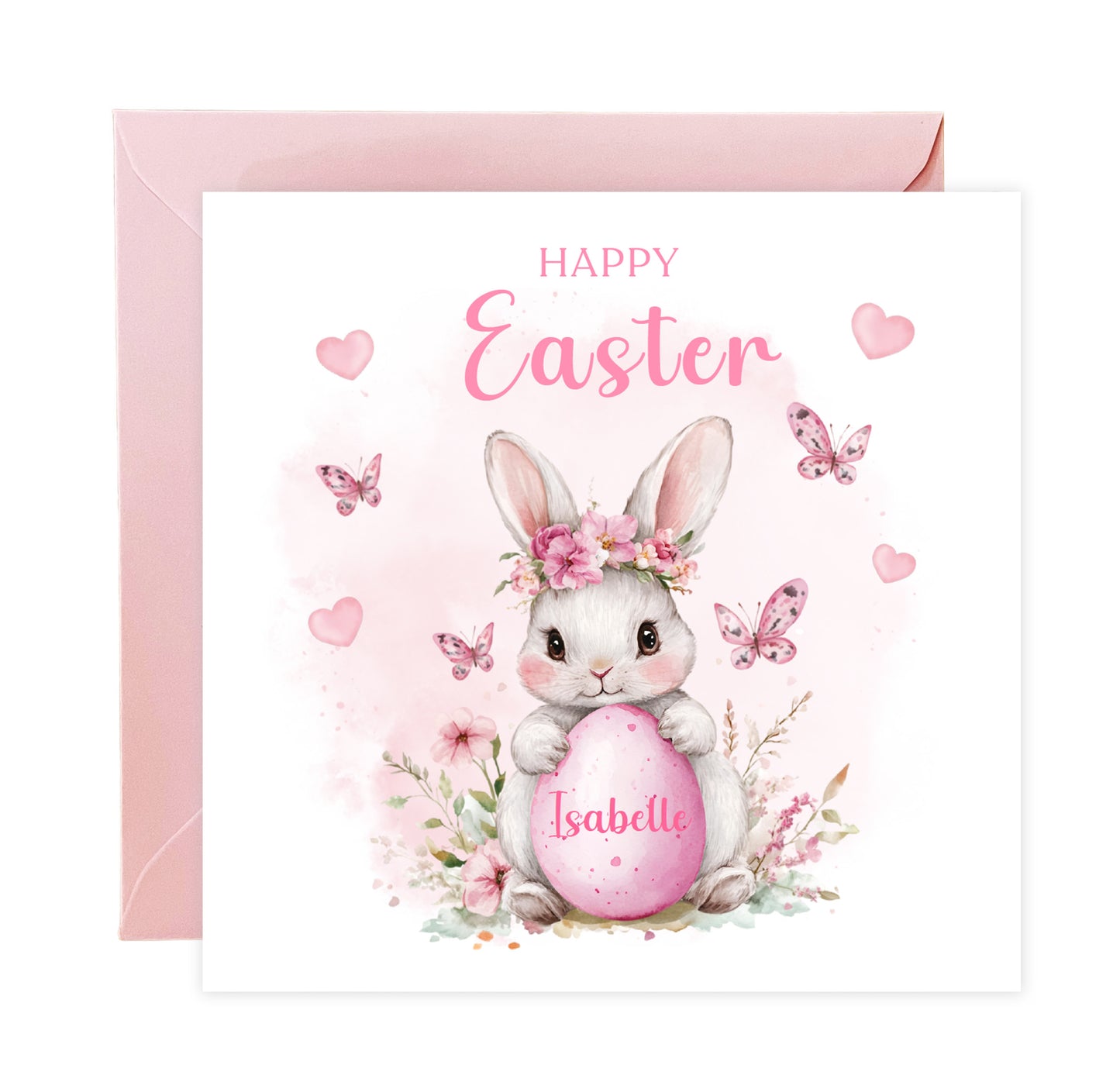 Personalised Happy Easter Bunny Card for Girls with Custom Name - Easter Rabbit and Egg Design for Daughter, Granddaughter, Niece, Kids, Girl, Baby Girl, Little One – Pink Envelope Included