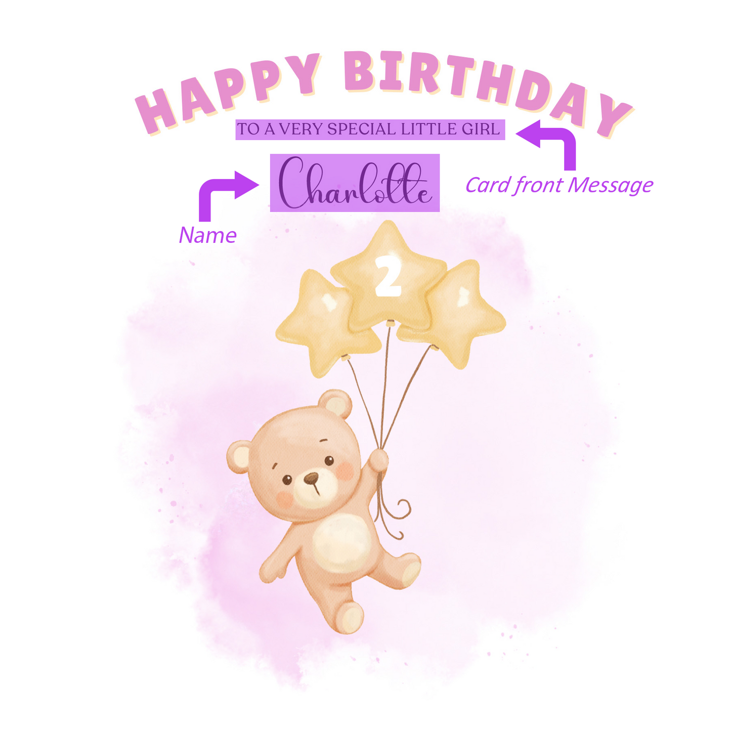 Bear with Star Balloon -Personalised Birthday Folded Card for Girls, Custom Name and Message Happy Birthday Card, Any Age Birthday, 1st 2nd 3rd 4th 5th 6th 7th 8th 9th 10th, Customisable Birthday Card for Children