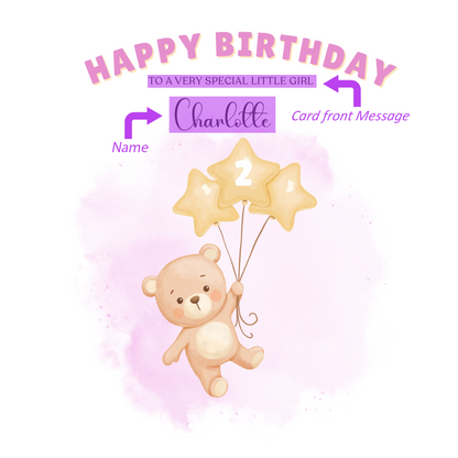 Bear with Star Balloon -Personalised Birthday Folded Card for Girls, Custom Name and Message Happy Birthday Card, Any Age Birthday, 1st 2nd 3rd 4th 5th 6th 7th 8th 9th 10th, Customisable Birthday Card for Children