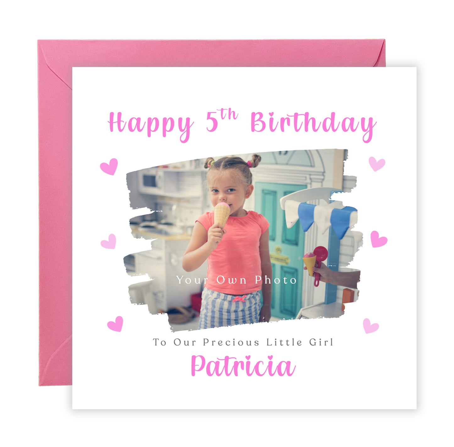 Personalised Photo 5 Years Old 5th Birthday Card for Girls – Brush Stroke Photo Frame with Custom Photo, Name & Message for Age 5 Years Old Kid, Daughter, Granddaughter, Niece with Pink Envelope