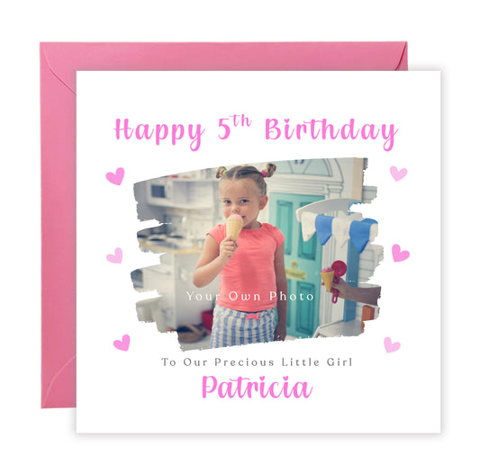 Personalised Photo 5 Years Old 5th Birthday Card for Girls – Brush Stroke Photo Frame with Custom Photo, Name & Message for Age 5 Years Old Kid, Daughter, Granddaughter, Niece with Pink Envelope