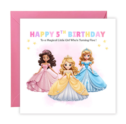 Beautiful Princess Birthday Card for Girls Ages 2, 3, 4, 5, 6, 7, 8-2nd, 3rd, 4th, 5th, 6th, 7th, 8th Birthday for Little Princess, Daughter, Granddaughter, Niece - Pink Envelope Included